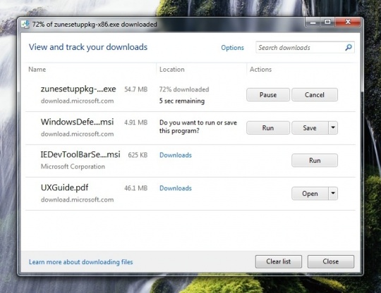 A letöltésmenedzser ablaka