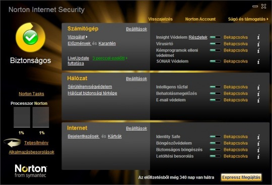 A Norton Internet Security 2010 főképernyője