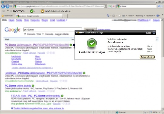A böngészőbe épült Norton Toolbar