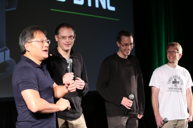 Három neves játékfejlesztő a színpadon: Tim Sweeney (Epic Games), Johan Andersson (DICE), John Carmack (iD Software).