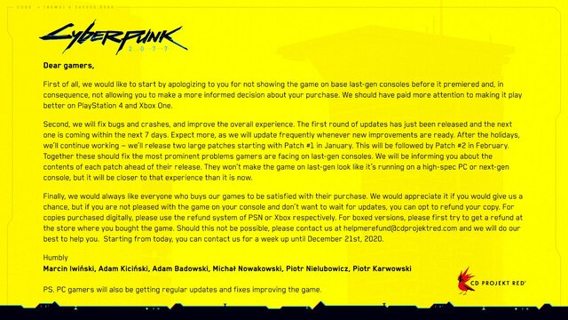 Cyberpunk 2077: bocsánatot kér a CD Projekt RED